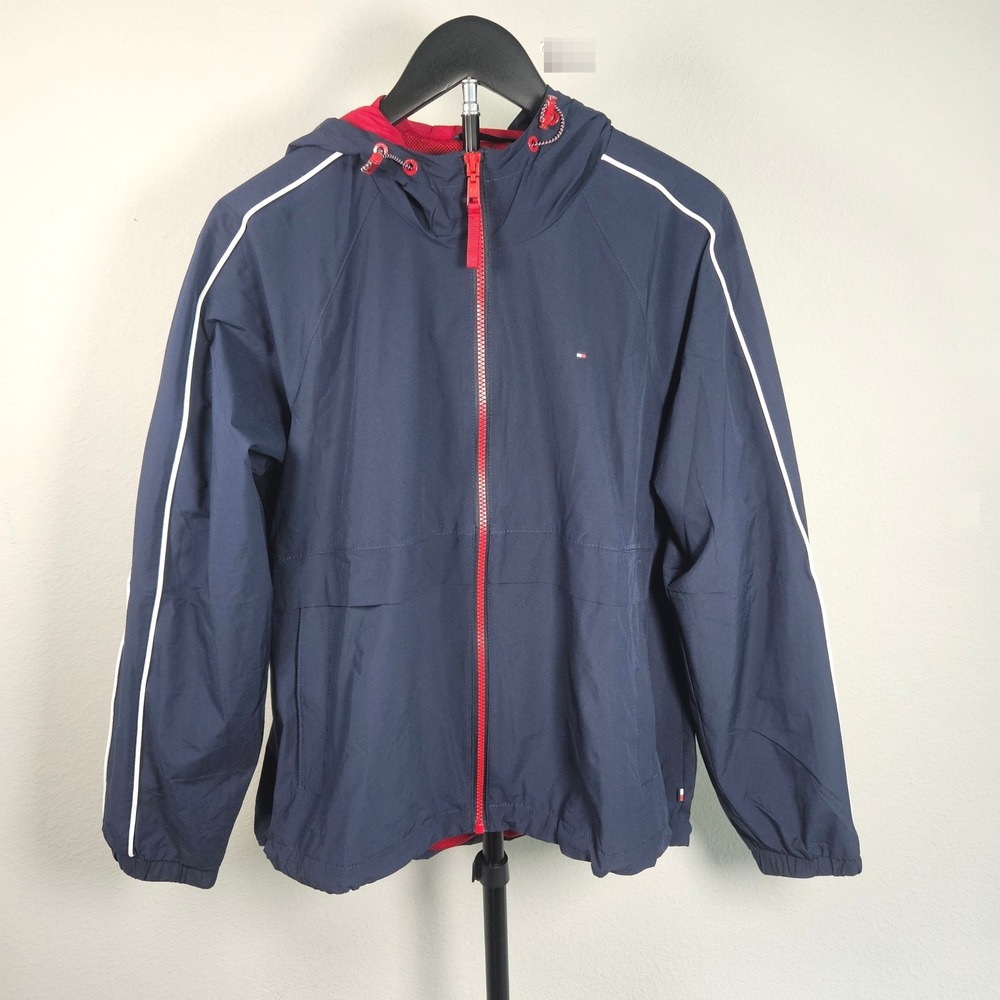 Tommy Hilfiger Windbreaker Women Small Navy Red Hooded Mesh Lined Sporty Prep